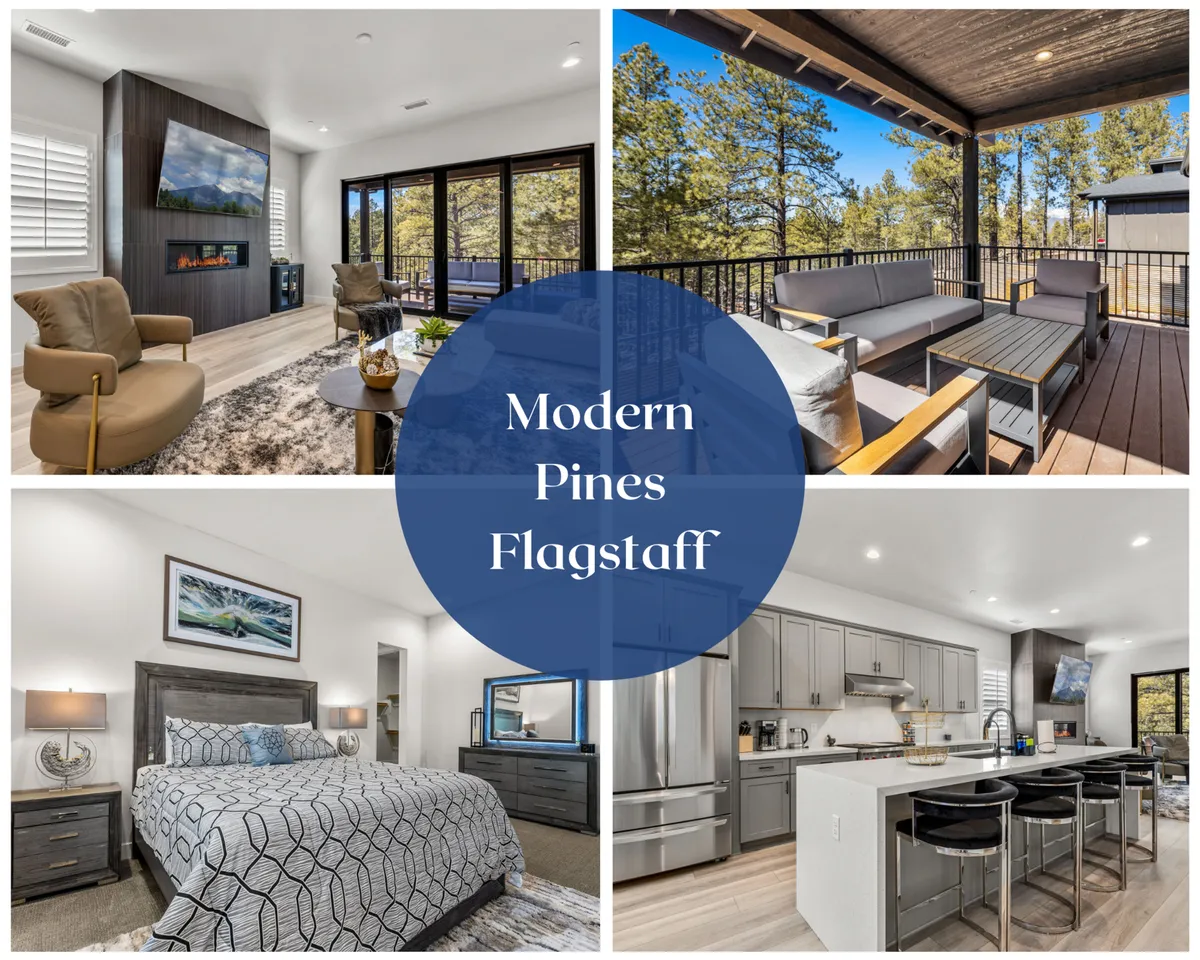 The image showcases a warm, inviting living space with a modern stone fireplace as the centerpiece, surrounded by plush seating and expansive windows that frame breathtaking forest views. The open-concept layout seamlessly connects to a spacious kitchen island, hinting at both cozy relaxation and vibrant group gatherings.